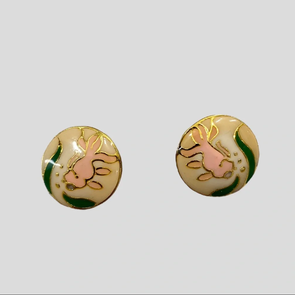 Vintage Gold Cream Pink + Green Enamel Fish Clip on Earrings - Picture 6 of 6